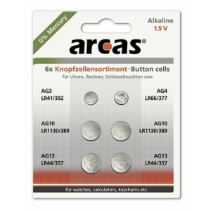 Arcas 6teiliges Knopfzellen Set 1 x AG3 - 1 x AG4 - 2 x AG10 - 2 x AG13 Alkaline Batterie 1,5V